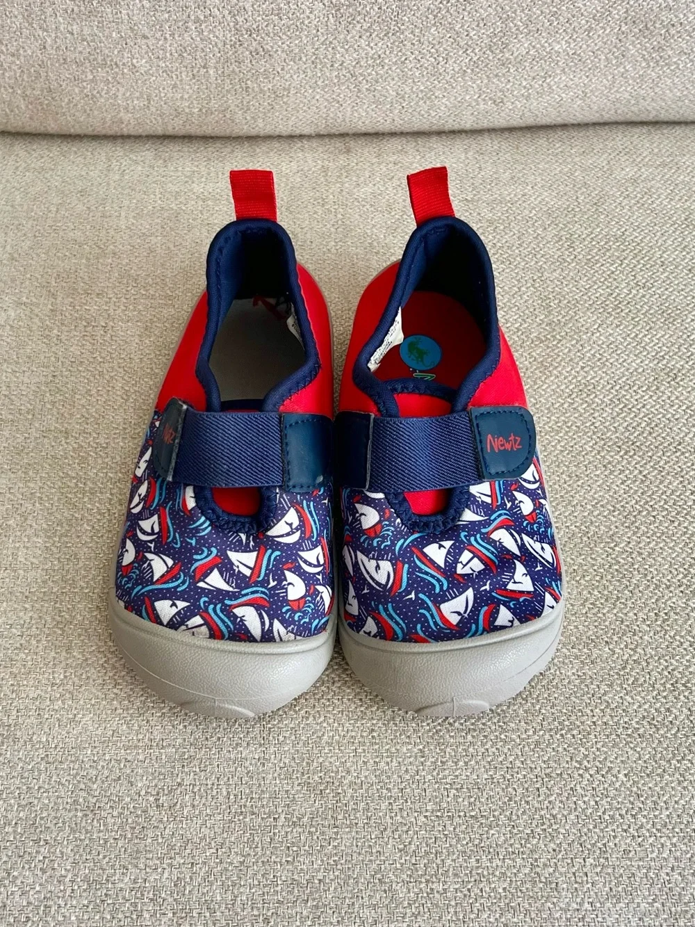 Newtz Size 9/10 Toddler Water Shoes Boat Print Red Navy GUC